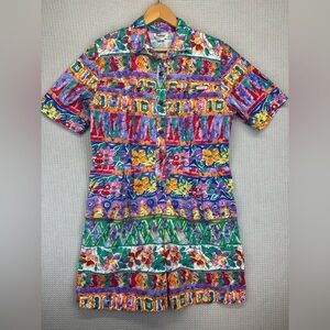 Vtg 80's Dreams Multicolor Geometric Cotton Snap Button Romper Shorts Size XL